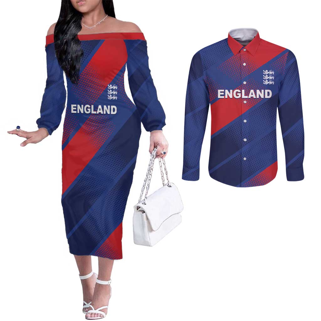 Custom England Cricket Couples Matching Off The Shoulder Long Sleeve Dress and Long Sleeve Button Shirt Come On Three Lions
