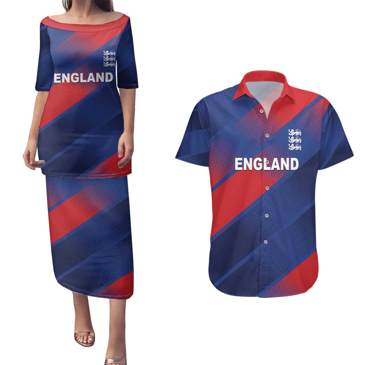 Custom England Cricket Couples Matching Puletasi and Hawaiian Shirt Come On Three Lions