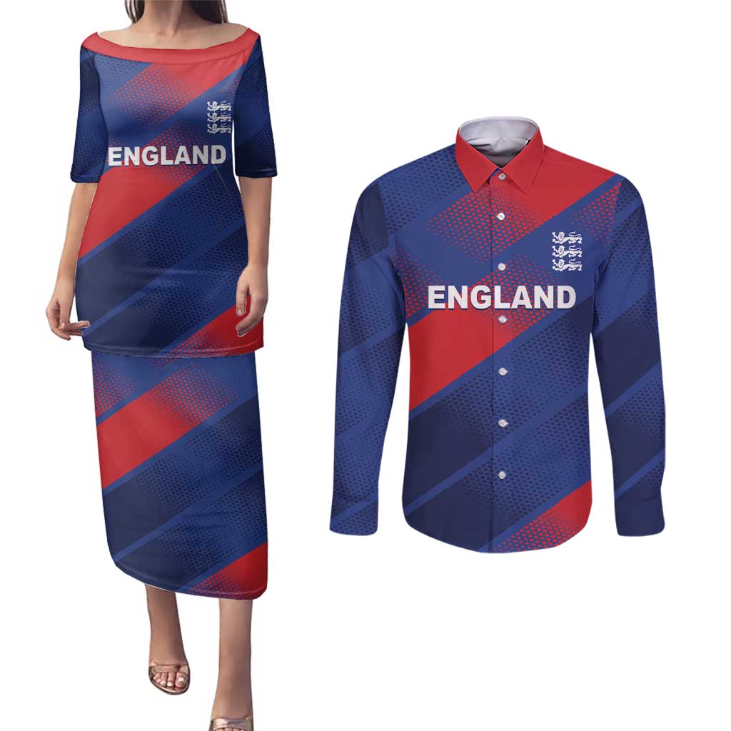 Custom England Cricket Couples Matching Puletasi and Long Sleeve Button Shirt Come On Three Lions