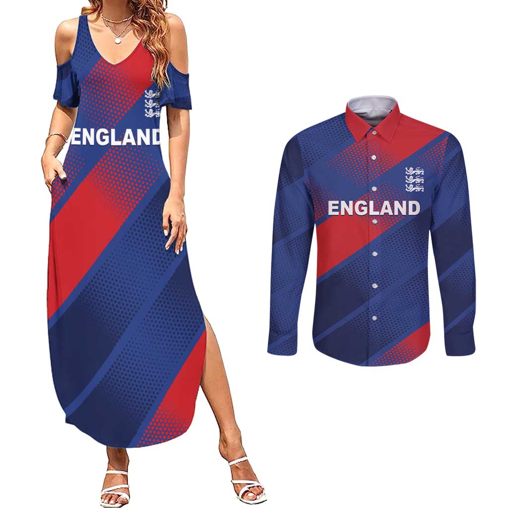 Custom England Cricket Couples Matching Summer Maxi Dress and Long Sleeve Button Shirt Come On Three Lions