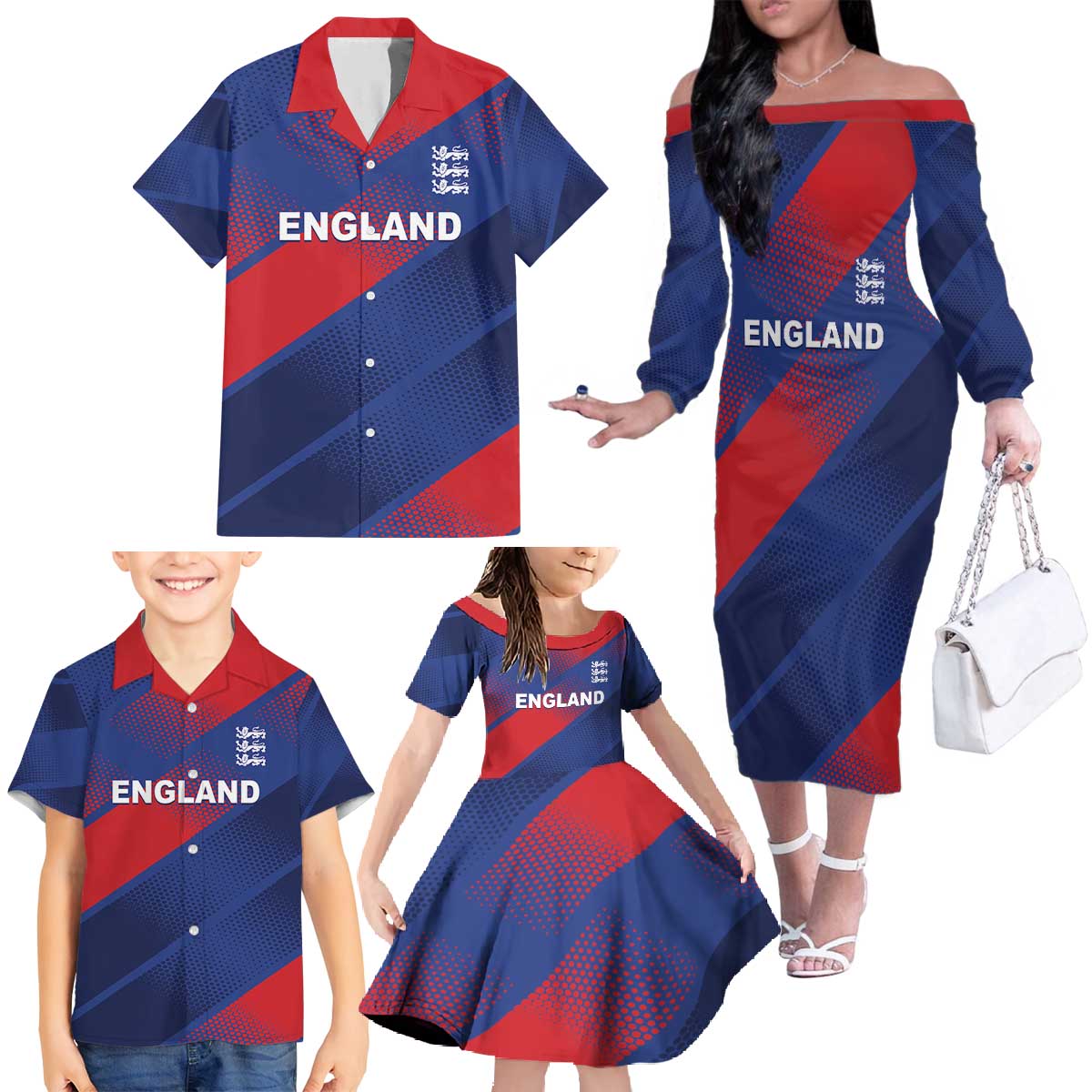 Custom England Cricket Family Matching Off The Shoulder Long Sleeve Dress and Hawaiian Shirt Come On Three Lions