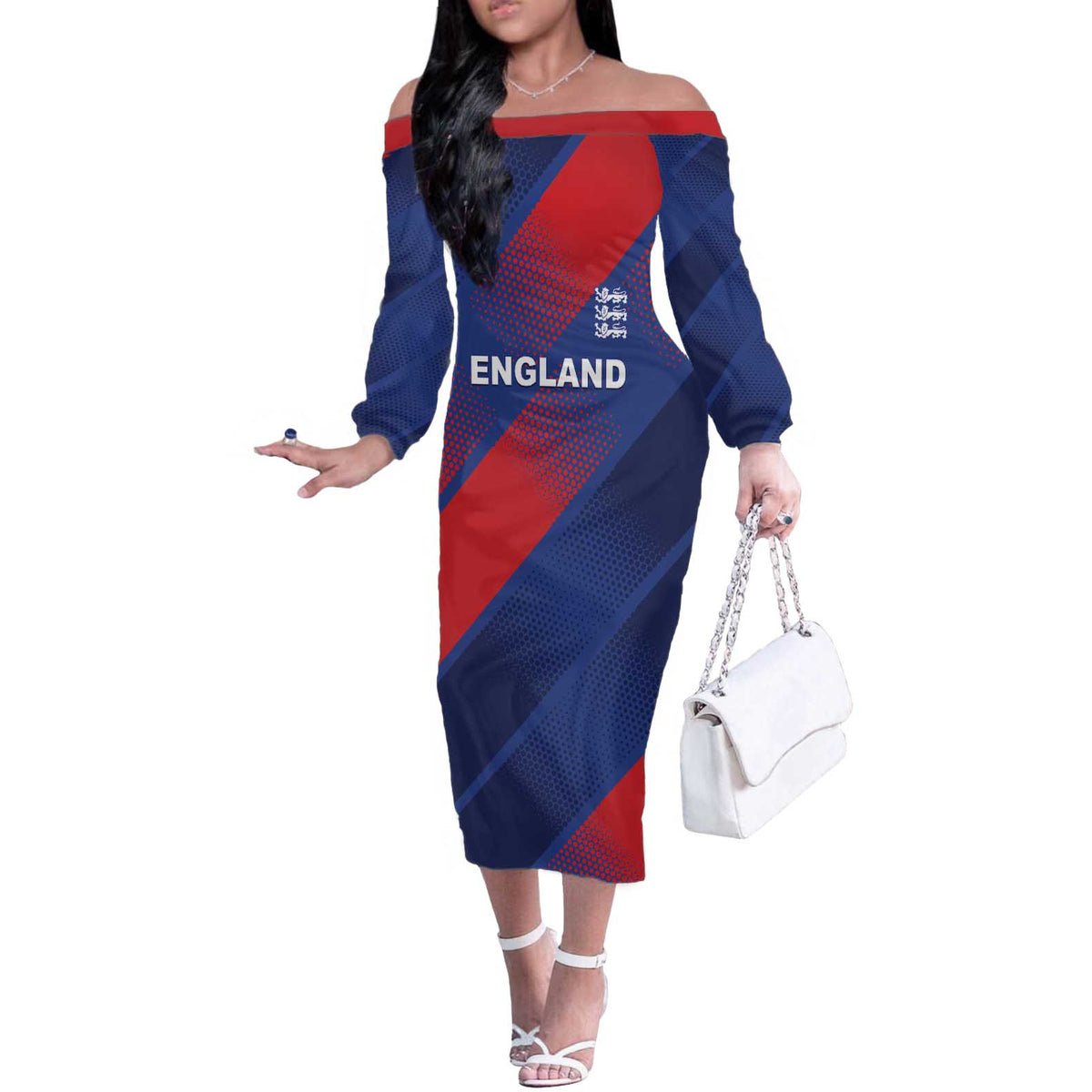 Custom England Cricket Off The Shoulder Long Sleeve Dress Come On Three Lions