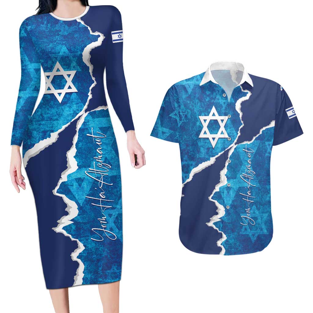 Personalized Israel Yom Ha'atzmaut Couples Matching Long Sleeve Bodycon Dress and Hawaiian Shirt Star of David Grunge Style