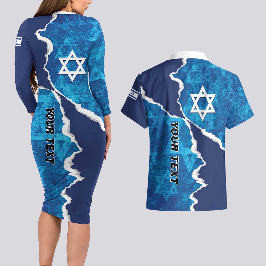 Personalized Israel Yom Ha'atzmaut Couples Matching Long Sleeve Bodycon Dress and Hawaiian Shirt Star of David Grunge Style