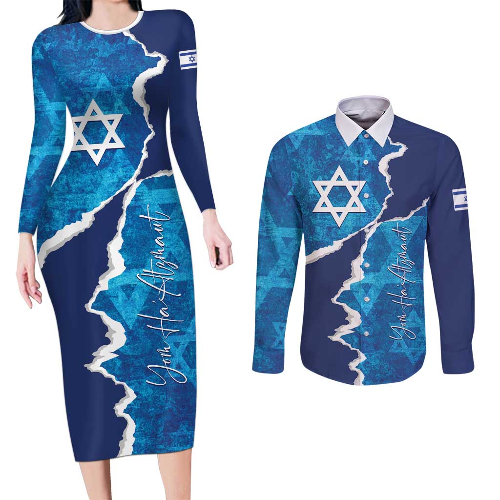 Personalized Israel Yom Ha'atzmaut Couples Matching Long Sleeve Bodycon Dress and Long Sleeve Button Shirt Star of David Grunge Style