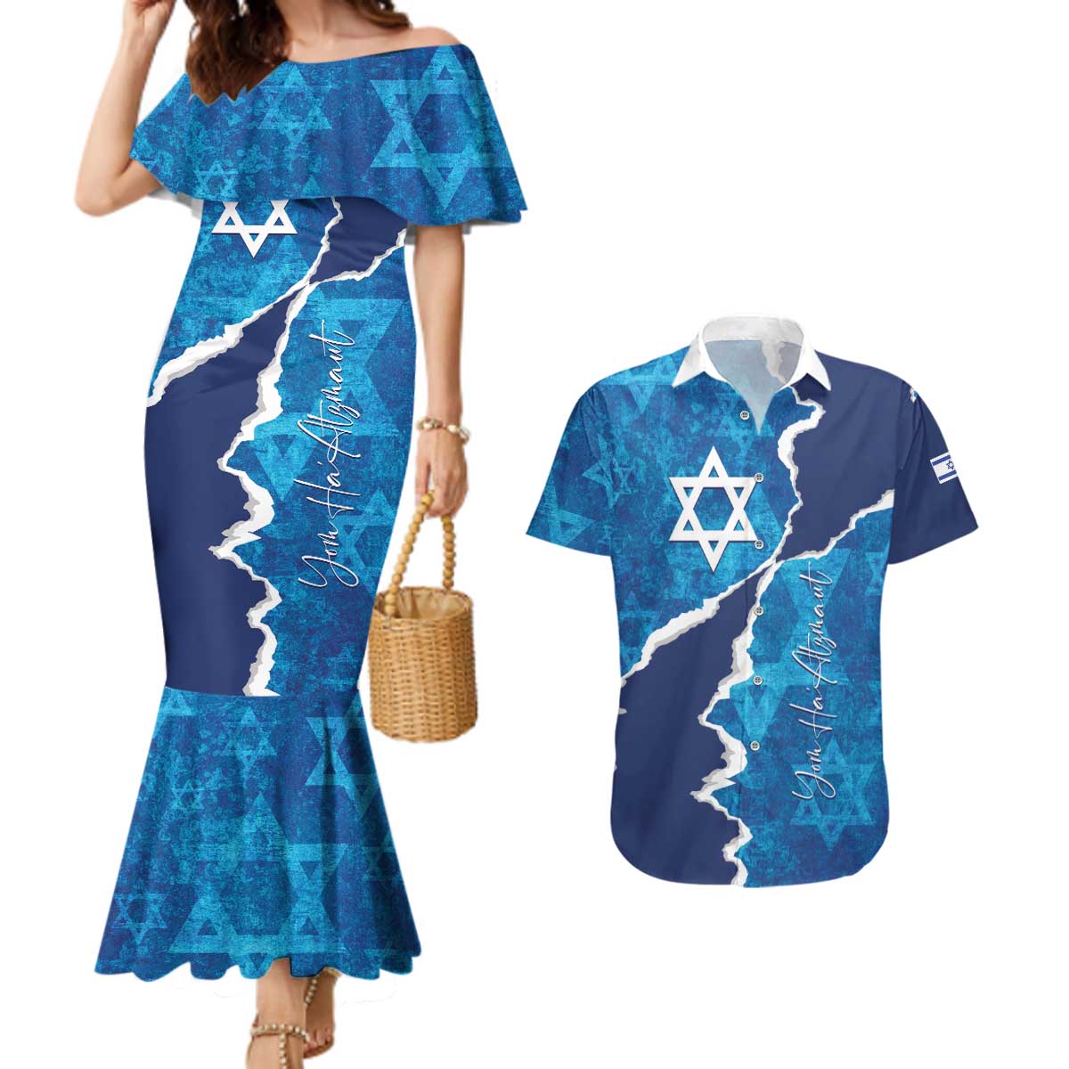 Personalized Israel Yom Ha'atzmaut Couples Matching Mermaid Dress and Hawaiian Shirt Star of David Grunge Style