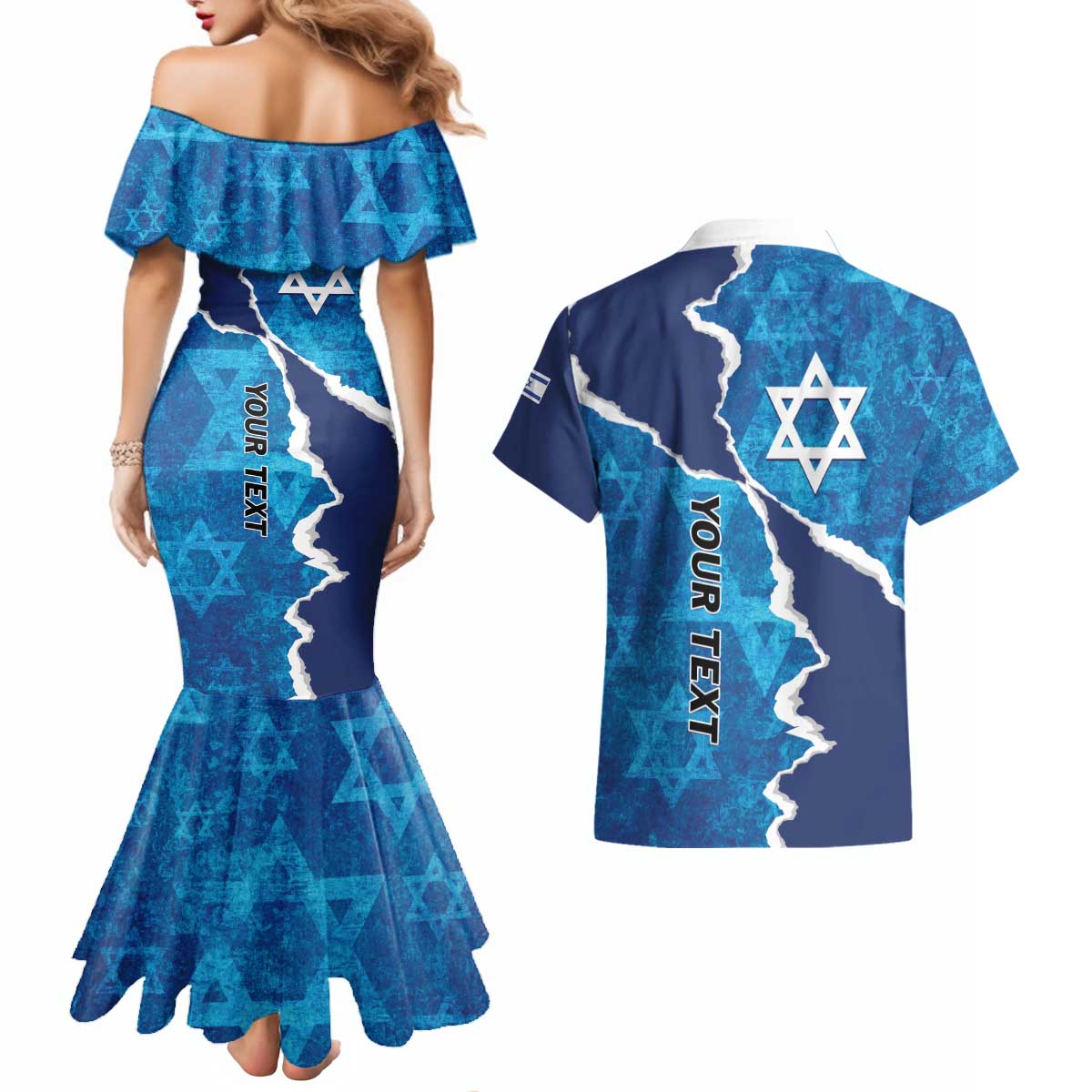 Personalized Israel Yom Ha'atzmaut Couples Matching Mermaid Dress and Hawaiian Shirt Star of David Grunge Style