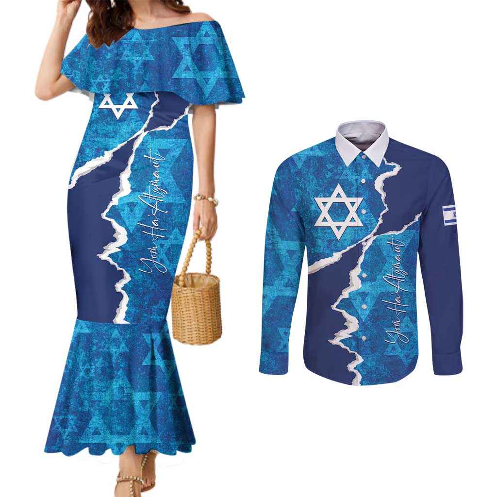 Personalized Israel Yom Ha'atzmaut Couples Matching Mermaid Dress and Long Sleeve Button Shirt Star of David Grunge Style