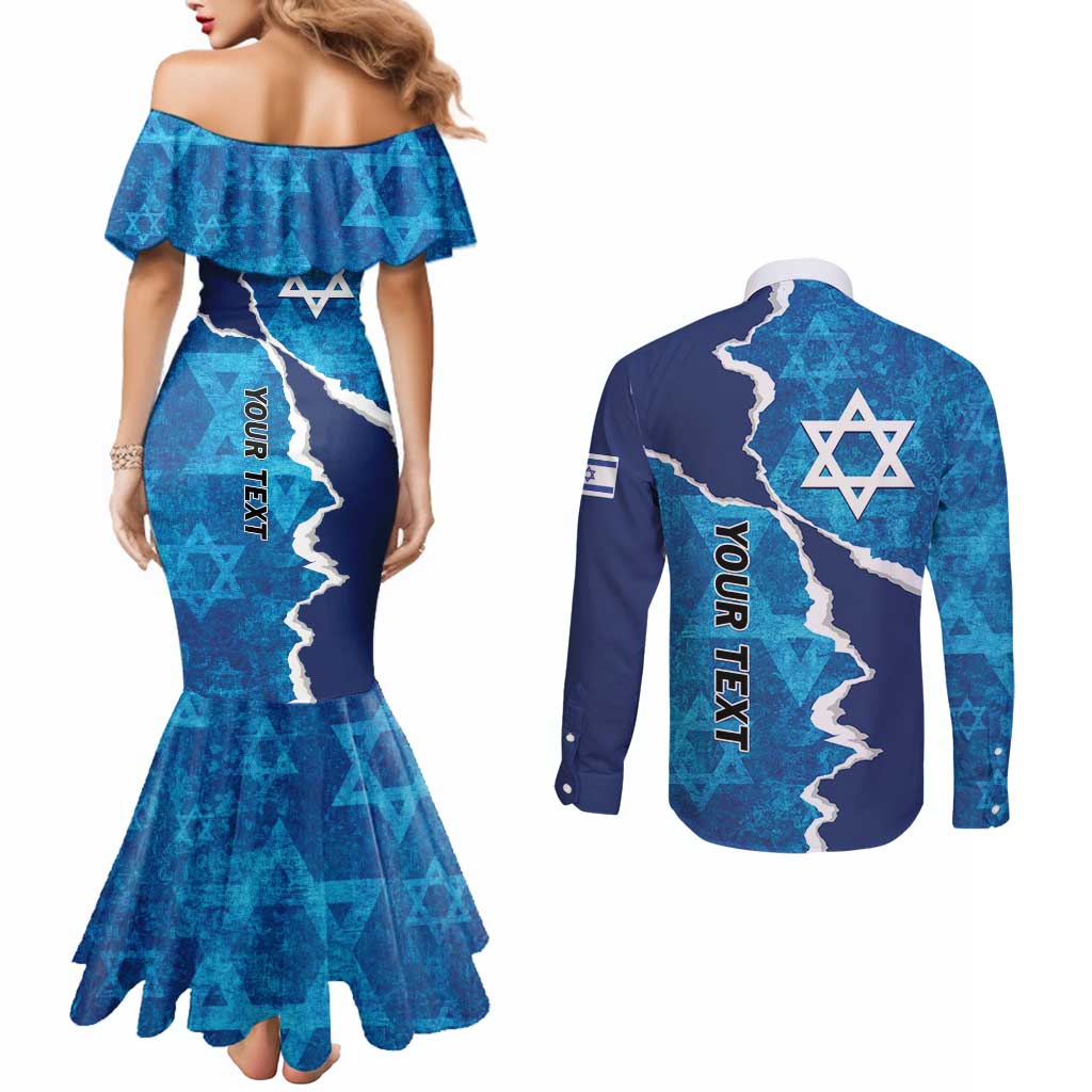 Personalized Israel Yom Ha'atzmaut Couples Matching Mermaid Dress and Long Sleeve Button Shirt Star of David Grunge Style