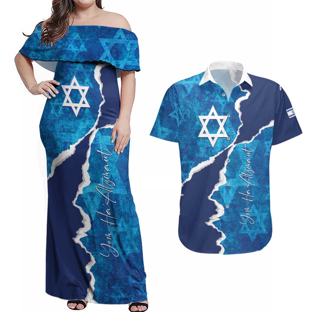 Personalized Israel Yom Ha'atzmaut Couples Matching Off Shoulder Maxi Dress and Hawaiian Shirt Star of David Grunge Style