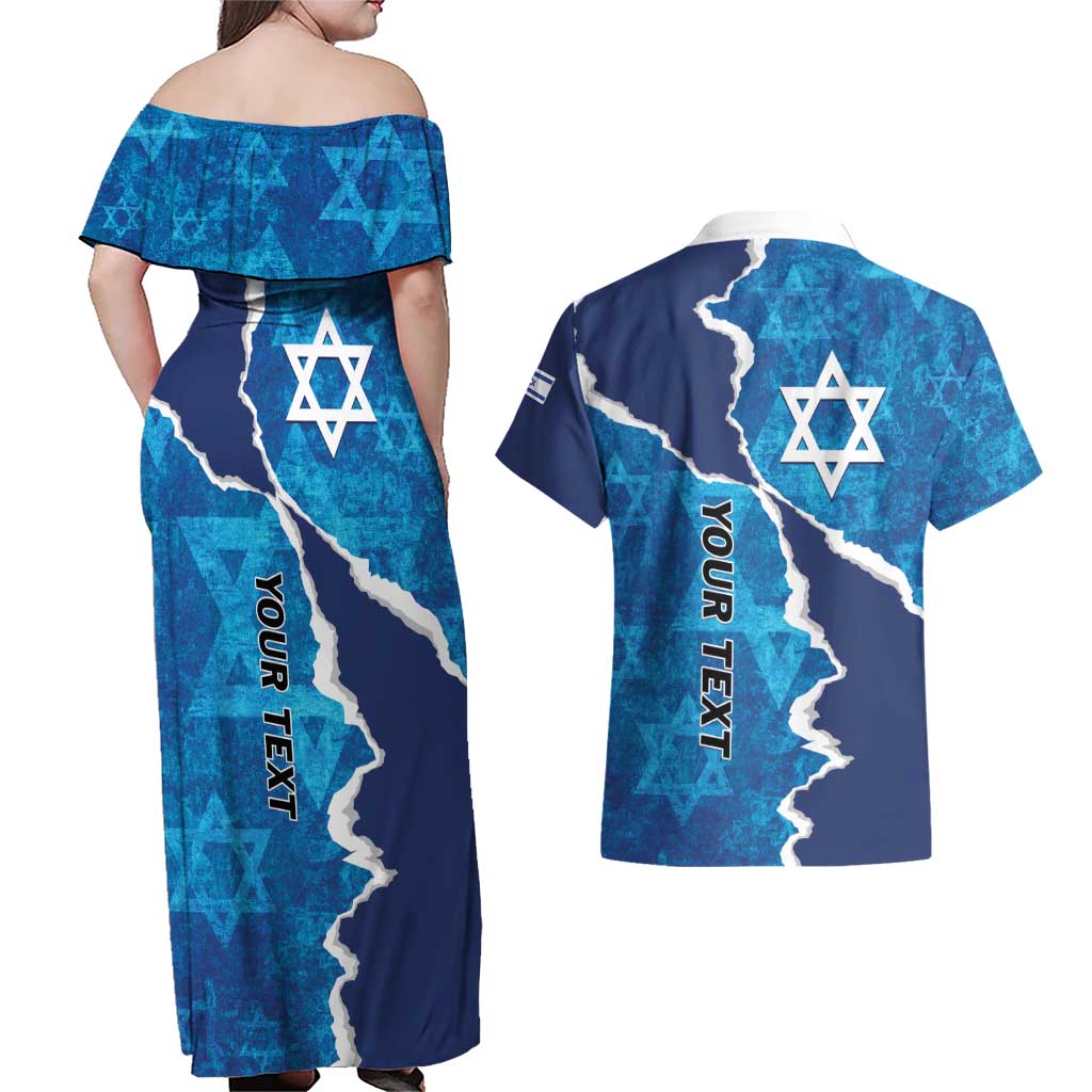 Personalized Israel Yom Ha'atzmaut Couples Matching Off Shoulder Maxi Dress and Hawaiian Shirt Star of David Grunge Style