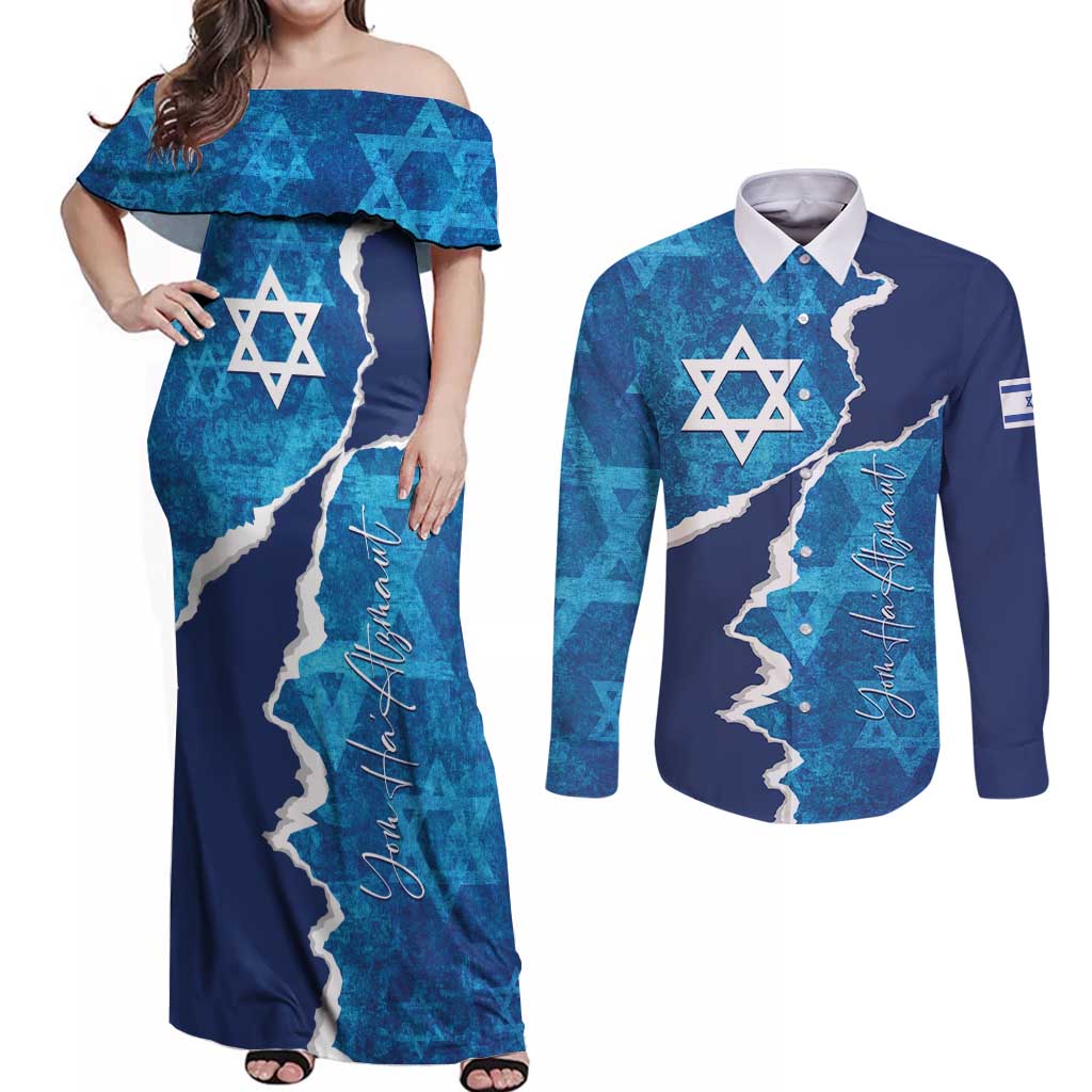Personalized Israel Yom Ha'atzmaut Couples Matching Off Shoulder Maxi Dress and Long Sleeve Button Shirt Star of David Grunge Style