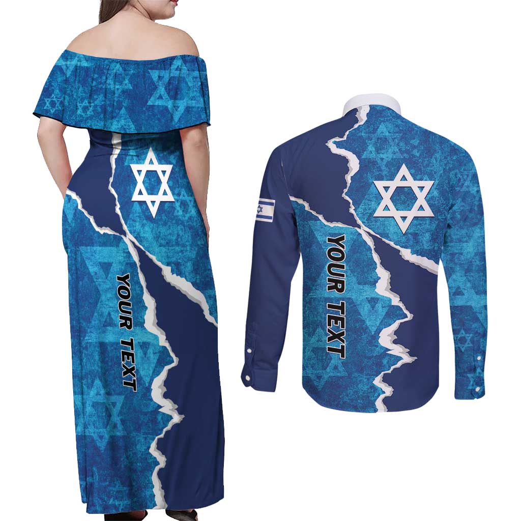 Personalized Israel Yom Ha'atzmaut Couples Matching Off Shoulder Maxi Dress and Long Sleeve Button Shirt Star of David Grunge Style