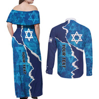 Personalized Israel Yom Ha'atzmaut Couples Matching Off Shoulder Maxi Dress and Long Sleeve Button Shirt Star of David Grunge Style