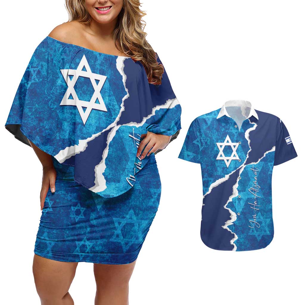 Personalized Israel Yom Ha'atzmaut Couples Matching Off Shoulder Short Dress and Hawaiian Shirt Star of David Grunge Style