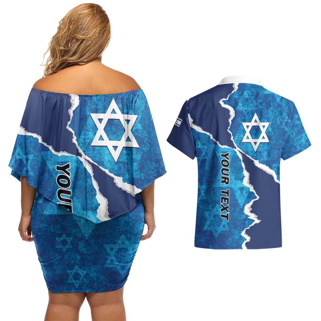 Personalized Israel Yom Ha'atzmaut Couples Matching Off Shoulder Short Dress and Hawaiian Shirt Star of David Grunge Style