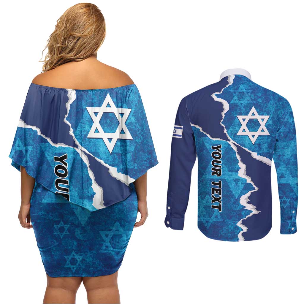 Personalized Israel Yom Ha'atzmaut Couples Matching Off Shoulder Short Dress and Long Sleeve Button Shirt Star of David Grunge Style