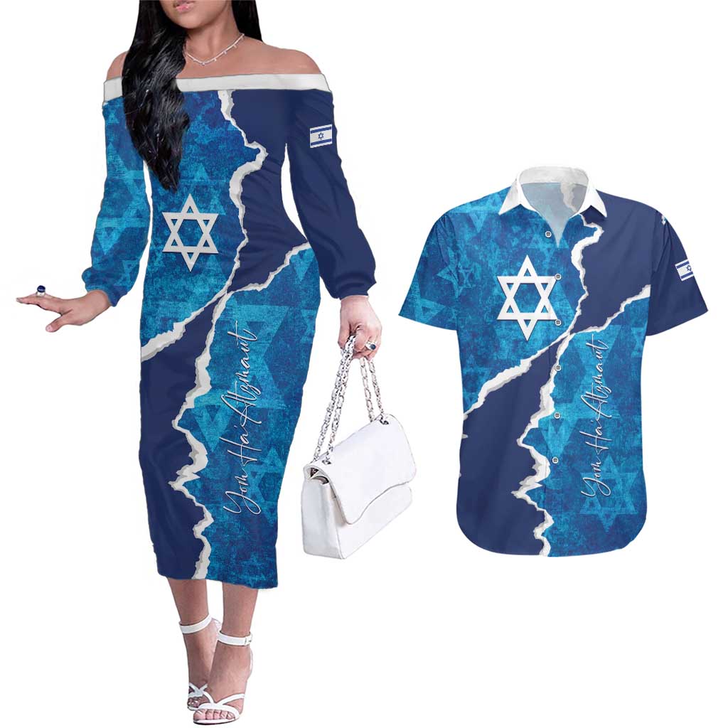 Personalized Israel Yom Ha'atzmaut Couples Matching Off The Shoulder Long Sleeve Dress and Hawaiian Shirt Star of David Grunge Style