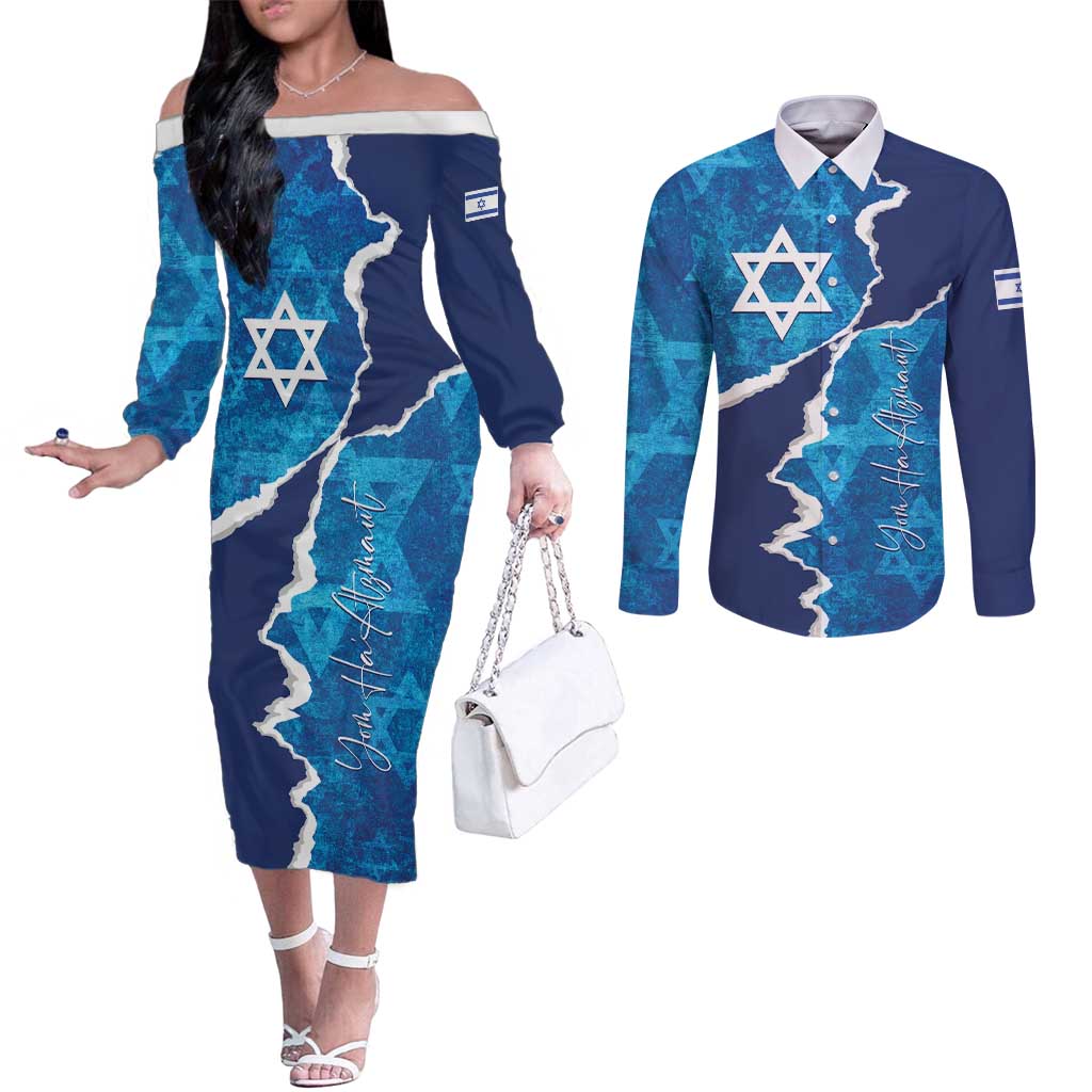 Personalized Israel Yom Ha'atzmaut Couples Matching Off The Shoulder Long Sleeve Dress and Long Sleeve Button Shirt Star of David Grunge Style