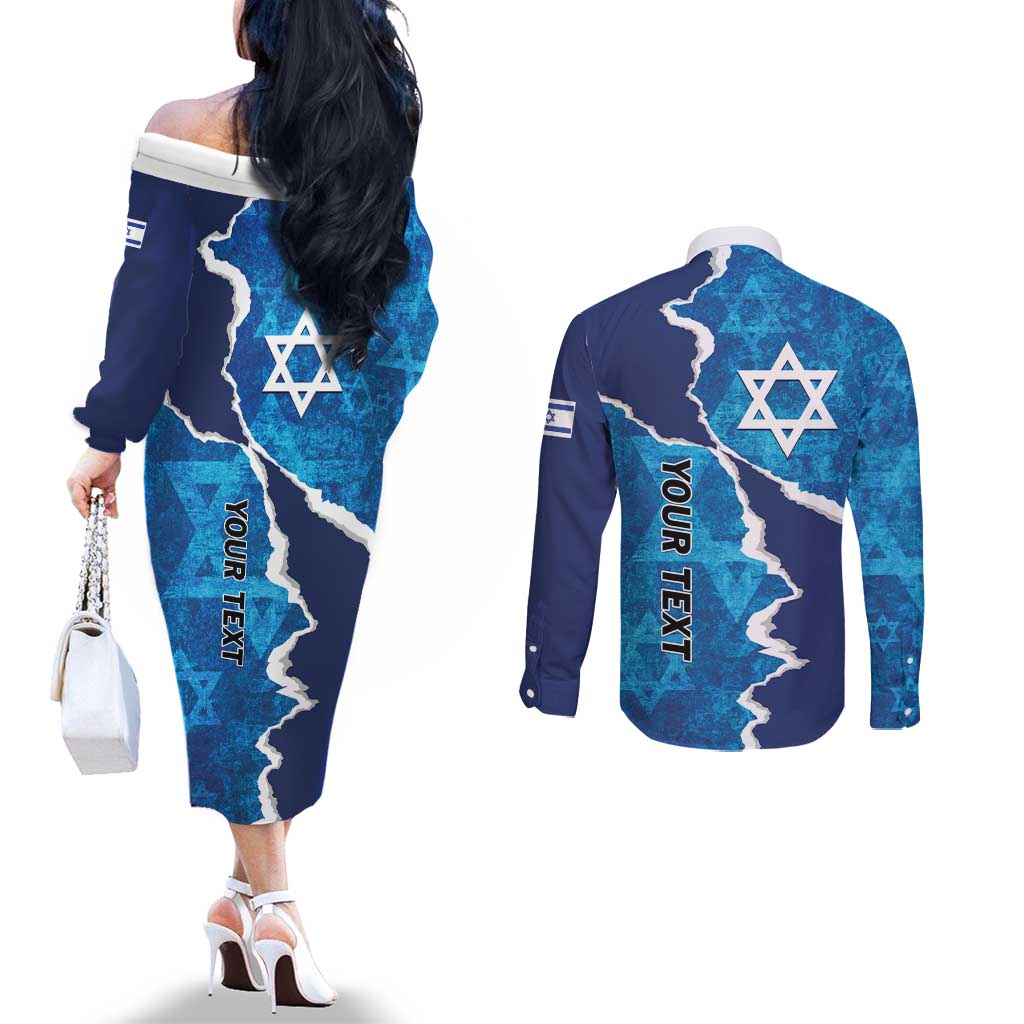 Personalized Israel Yom Ha'atzmaut Couples Matching Off The Shoulder Long Sleeve Dress and Long Sleeve Button Shirt Star of David Grunge Style