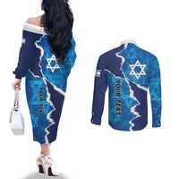 Personalized Israel Yom Ha'atzmaut Couples Matching Off The Shoulder Long Sleeve Dress and Long Sleeve Button Shirt Star of David Grunge Style