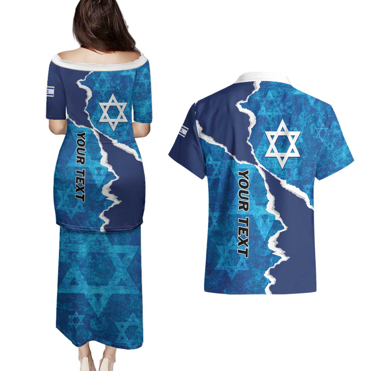 Personalized Israel Yom Ha'atzmaut Couples Matching Puletasi and Hawaiian Shirt Star of David Grunge Style