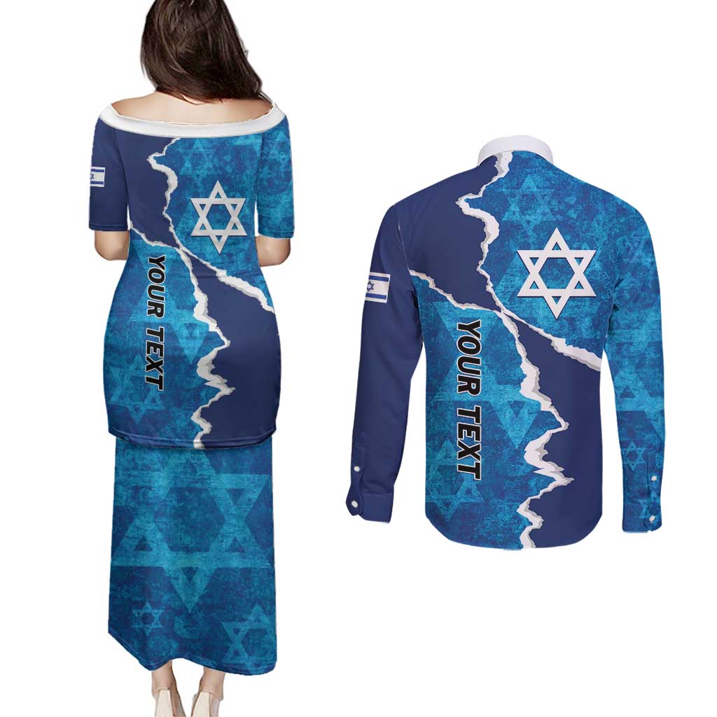 Personalized Israel Yom Ha'atzmaut Couples Matching Puletasi and Long Sleeve Button Shirt Star of David Grunge Style