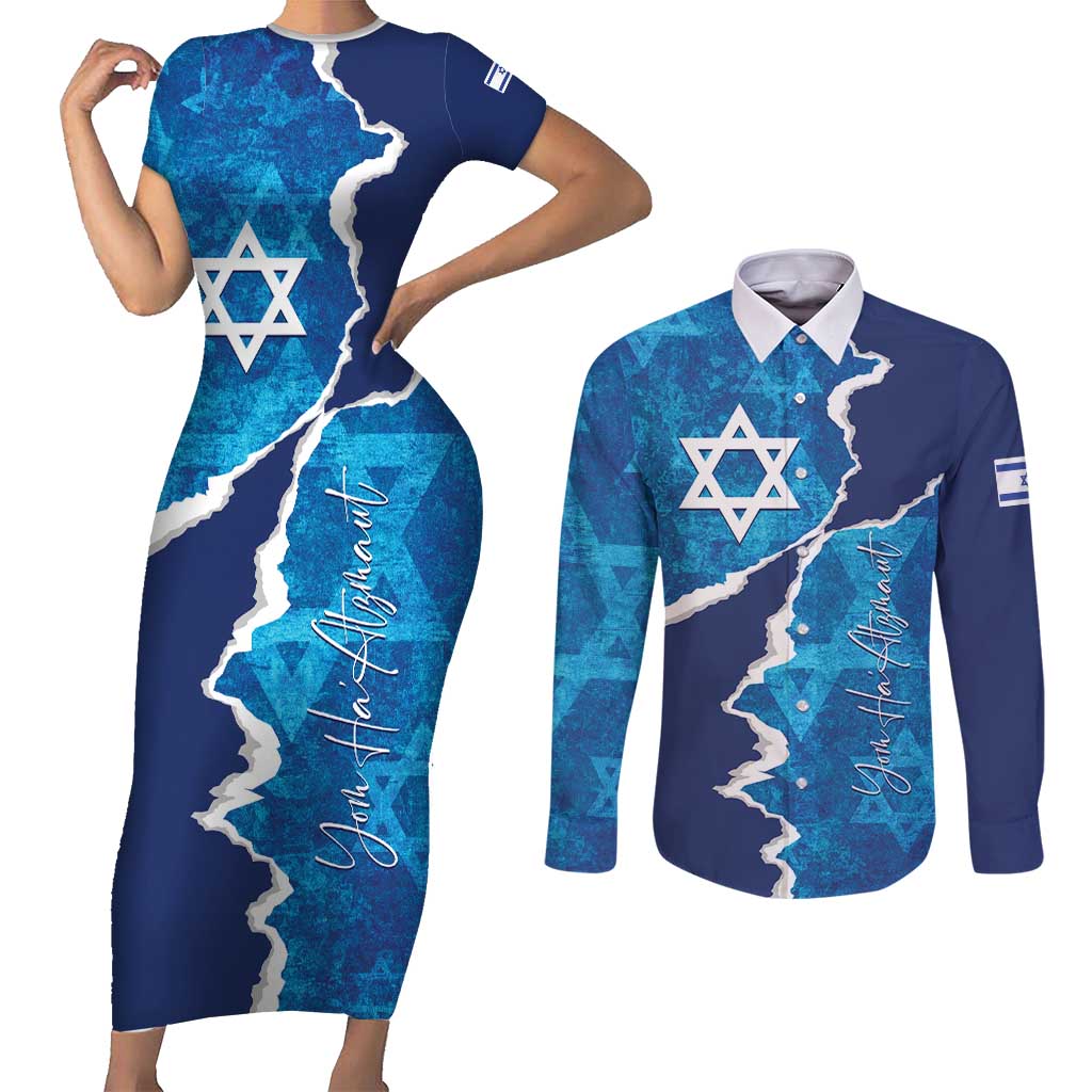 Personalized Israel Yom Ha'atzmaut Couples Matching Short Sleeve Bodycon Dress and Long Sleeve Button Shirt Star of David Grunge Style