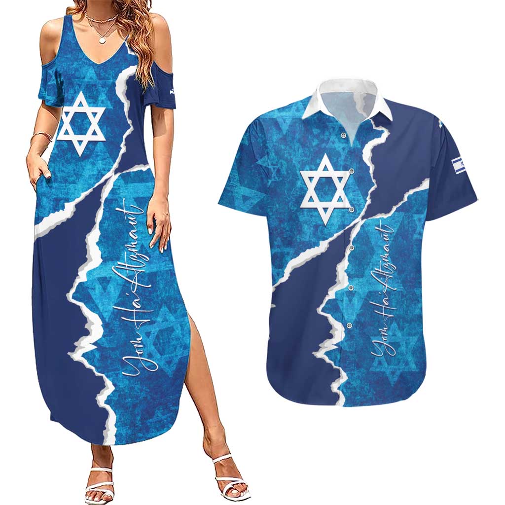 Personalized Israel Yom Ha'atzmaut Couples Matching Summer Maxi Dress and Hawaiian Shirt Star of David Grunge Style