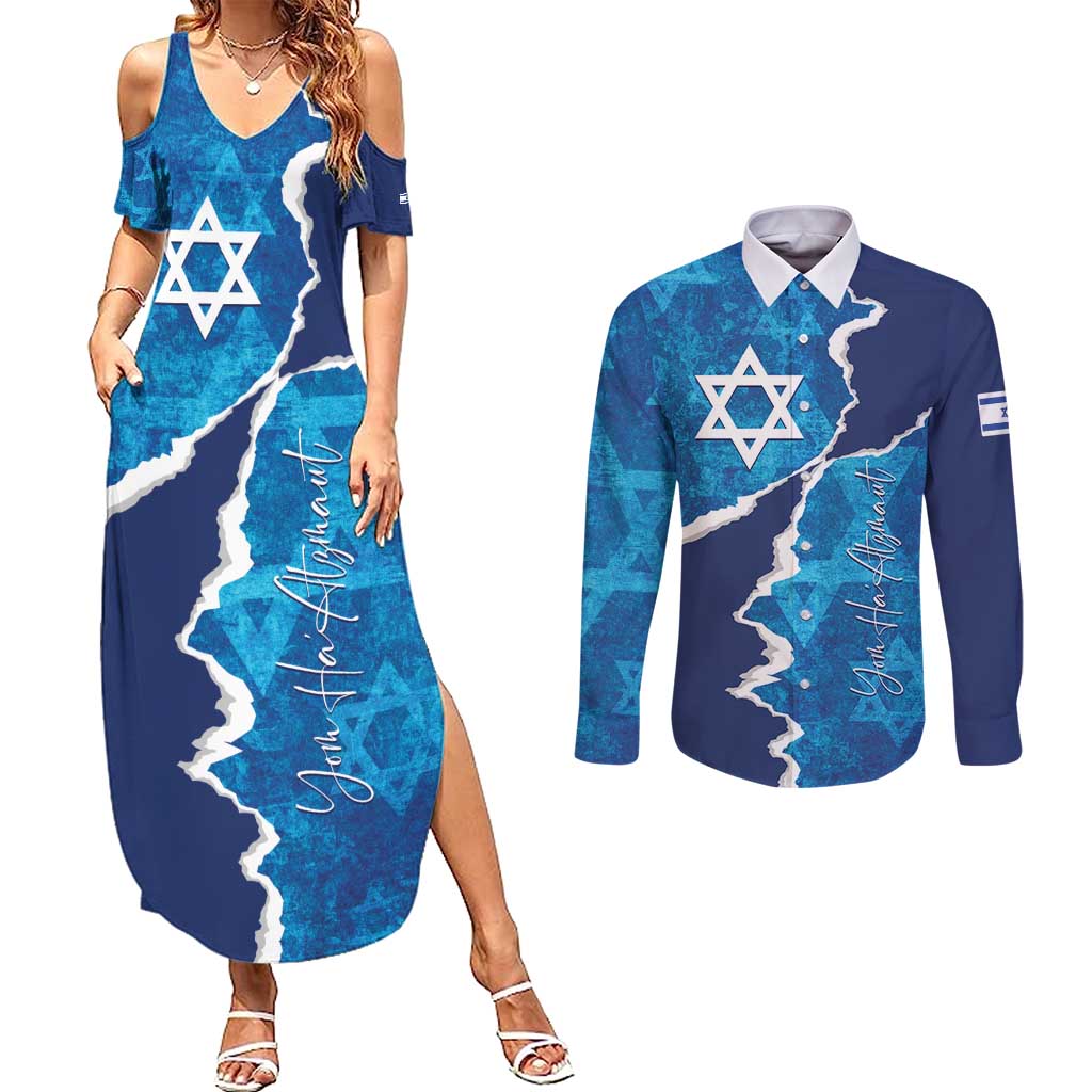 Personalized Israel Yom Ha'atzmaut Couples Matching Summer Maxi Dress and Long Sleeve Button Shirt Star of David Grunge Style