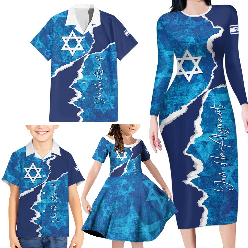 Personalized Israel Yom Ha'atzmaut Family Matching Long Sleeve Bodycon Dress and Hawaiian Shirt Star of David Grunge Style