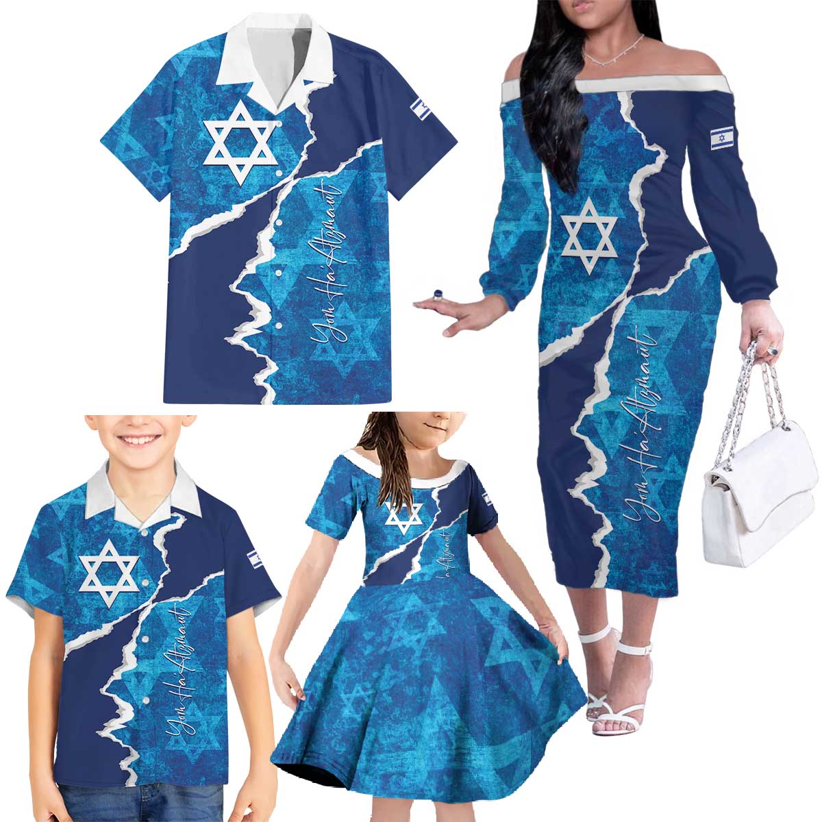 Personalized Israel Yom Ha'atzmaut Family Matching Off The Shoulder Long Sleeve Dress and Hawaiian Shirt Star of David Grunge Style