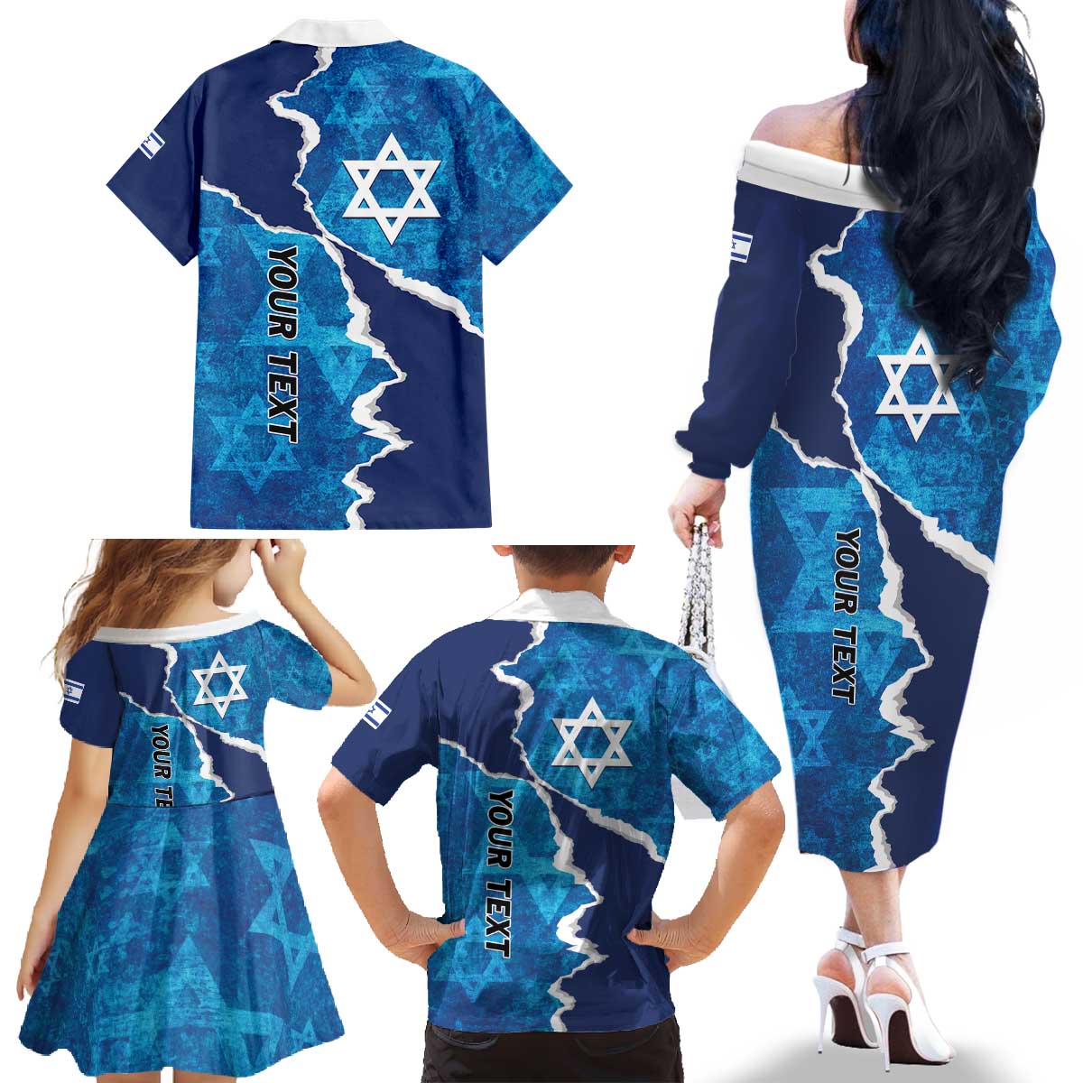 Personalized Israel Yom Ha'atzmaut Family Matching Off The Shoulder Long Sleeve Dress and Hawaiian Shirt Star of David Grunge Style