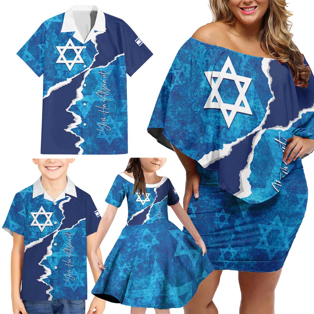 Personalized Israel Yom Ha'atzmaut Family Matching Off Shoulder Short Dress and Hawaiian Shirt Star of David Grunge Style