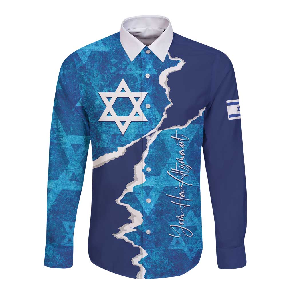 Personalized Israel Yom Ha'atzmaut Long Sleeve Button Shirt Star of David Grunge Style
