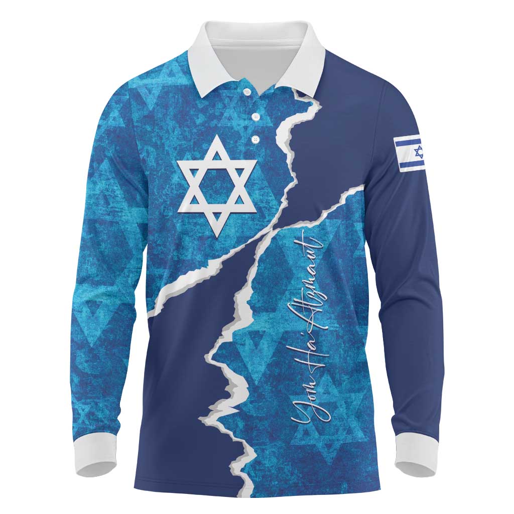 Personalized Israel Yom Ha'atzmaut Long Sleeve Polo Shirt Star of David Grunge Style