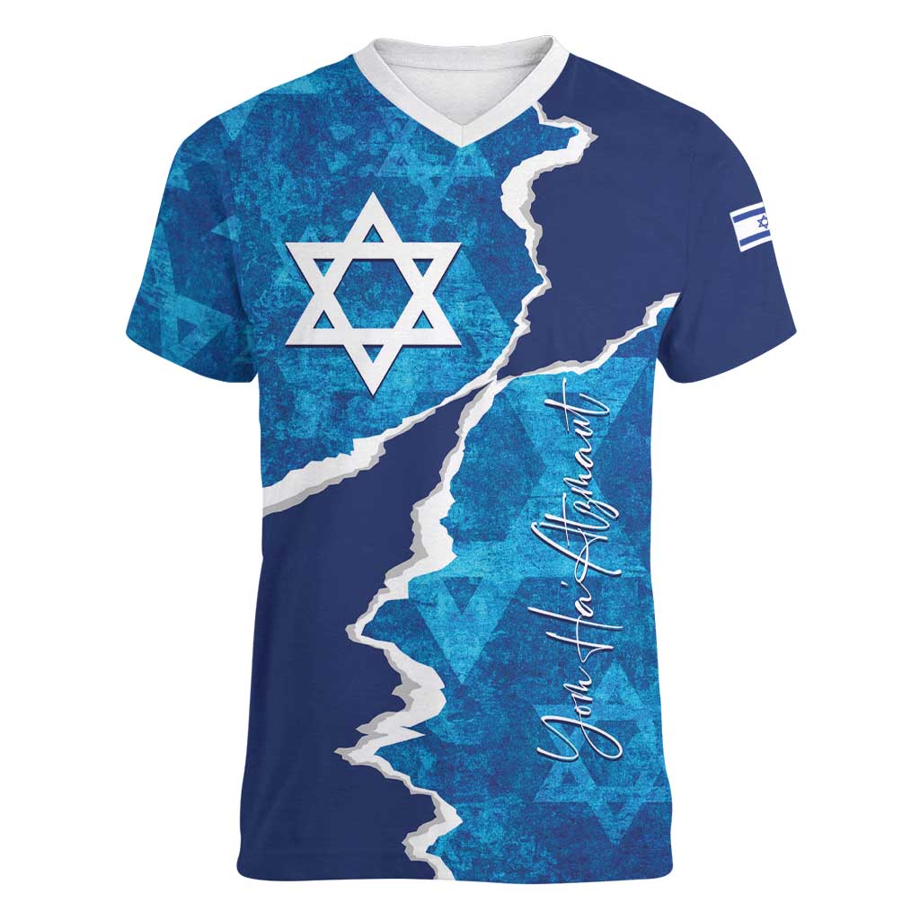 Personalized Israel Yom Ha'atzmaut Women V-Neck T-Shirt Star of David Grunge Style