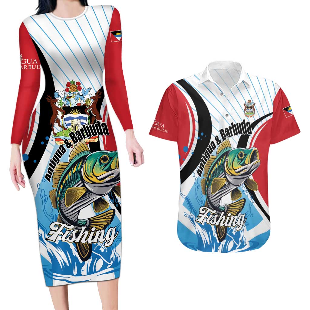 Personalized Antigua and Barbuda Fishing Couples Matching Long Sleeve Bodycon Dress and Hawaiian Shirt Sporty Style