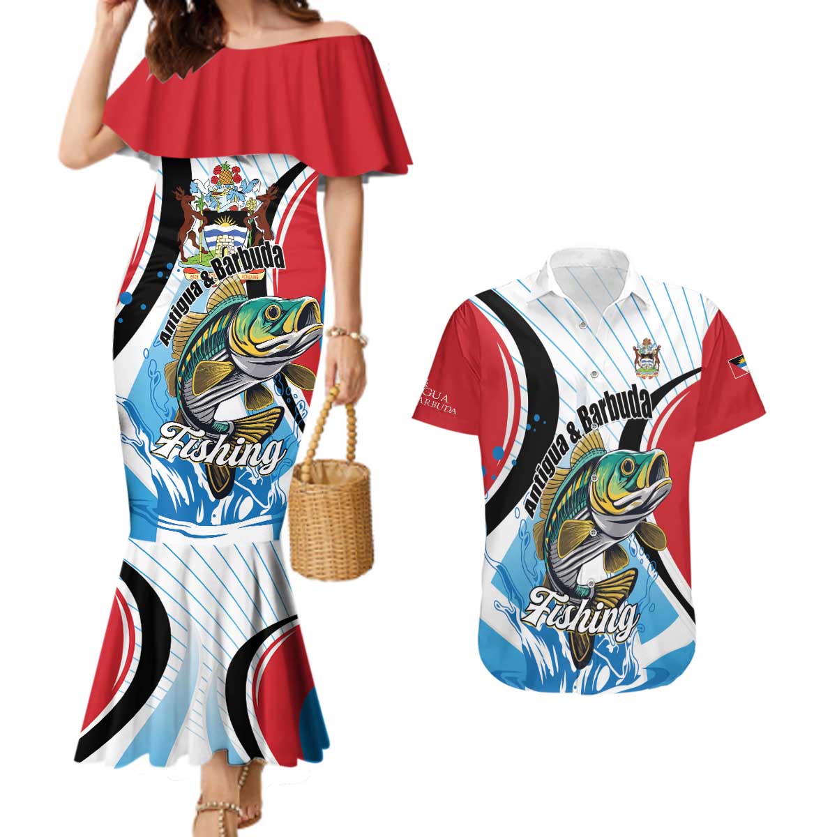 Personalized Antigua and Barbuda Fishing Couples Matching Mermaid Dress and Hawaiian Shirt Sporty Style