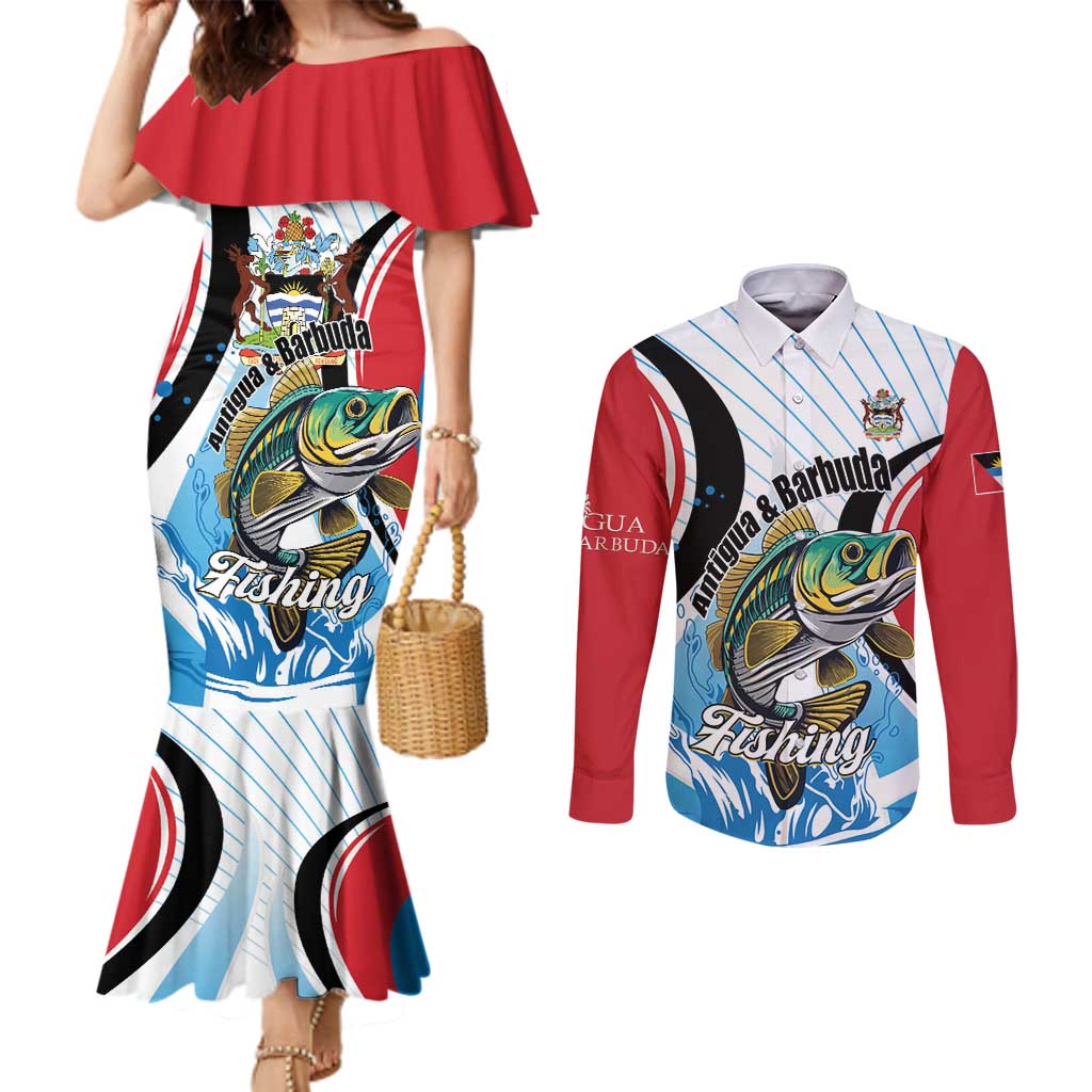 Personalized Antigua and Barbuda Fishing Couples Matching Mermaid Dress and Long Sleeve Button Shirt Sporty Style