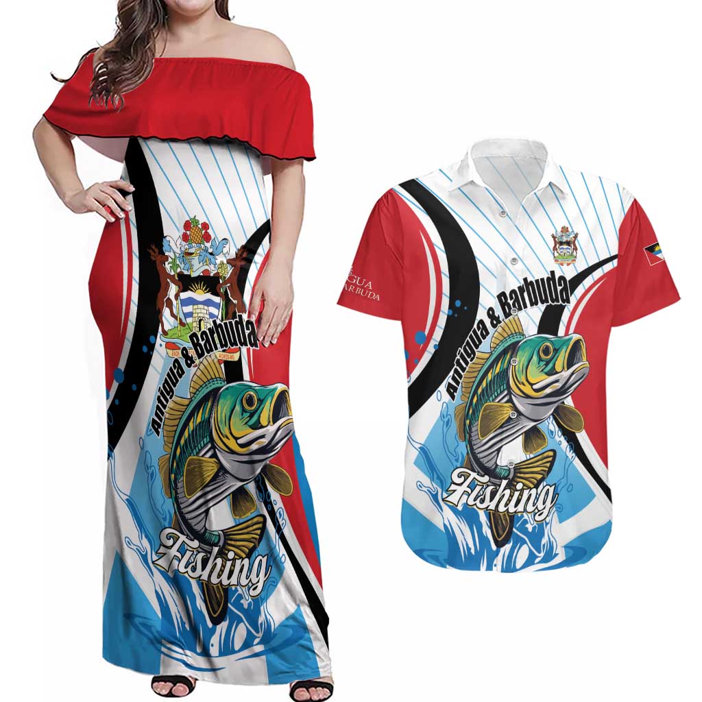 Personalized Antigua and Barbuda Fishing Couples Matching Off Shoulder Maxi Dress and Hawaiian Shirt Sporty Style