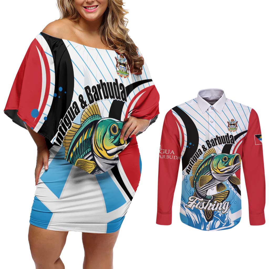 Personalized Antigua and Barbuda Fishing Couples Matching Off Shoulder Short Dress and Long Sleeve Button Shirt Sporty Style