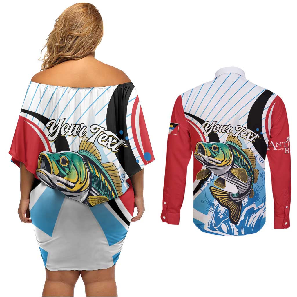 Personalized Antigua and Barbuda Fishing Couples Matching Off Shoulder Short Dress and Long Sleeve Button Shirt Sporty Style
