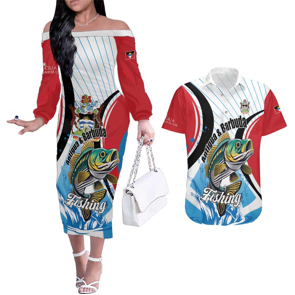 Personalized Antigua and Barbuda Fishing Couples Matching Off The Shoulder Long Sleeve Dress and Hawaiian Shirt Sporty Style