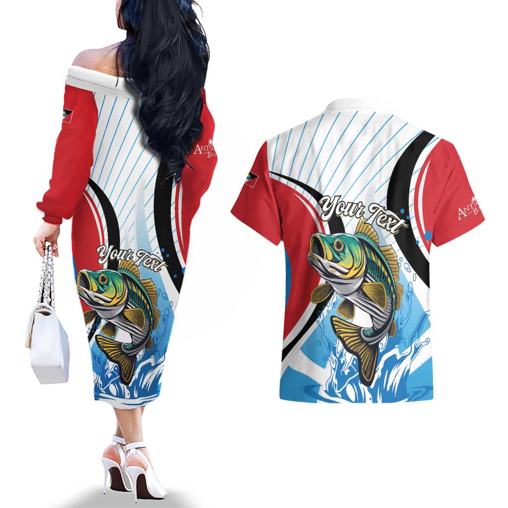 Personalized Antigua and Barbuda Fishing Couples Matching Off The Shoulder Long Sleeve Dress and Hawaiian Shirt Sporty Style