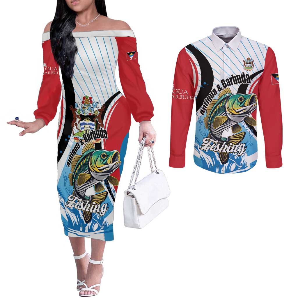 Personalized Antigua and Barbuda Fishing Couples Matching Off The Shoulder Long Sleeve Dress and Long Sleeve Button Shirt Sporty Style