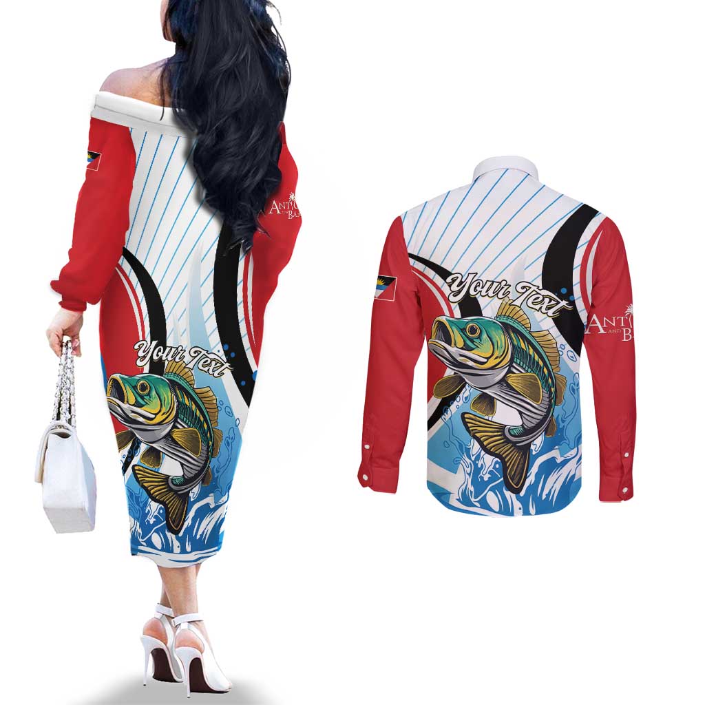 Personalized Antigua and Barbuda Fishing Couples Matching Off The Shoulder Long Sleeve Dress and Long Sleeve Button Shirt Sporty Style