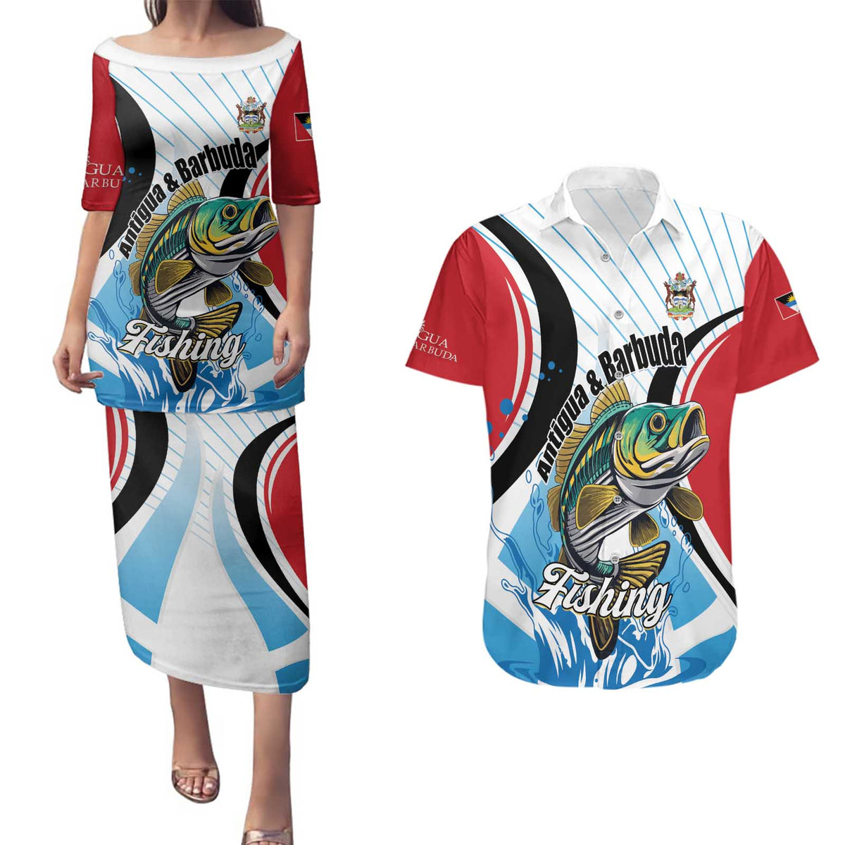 Personalized Antigua and Barbuda Fishing Couples Matching Puletasi and Hawaiian Shirt Sporty Style