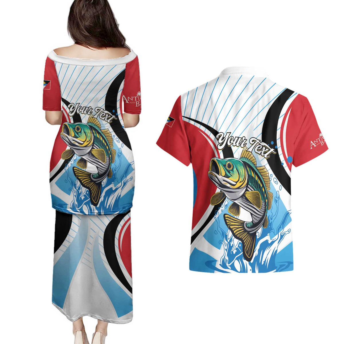 Personalized Antigua and Barbuda Fishing Couples Matching Puletasi and Hawaiian Shirt Sporty Style