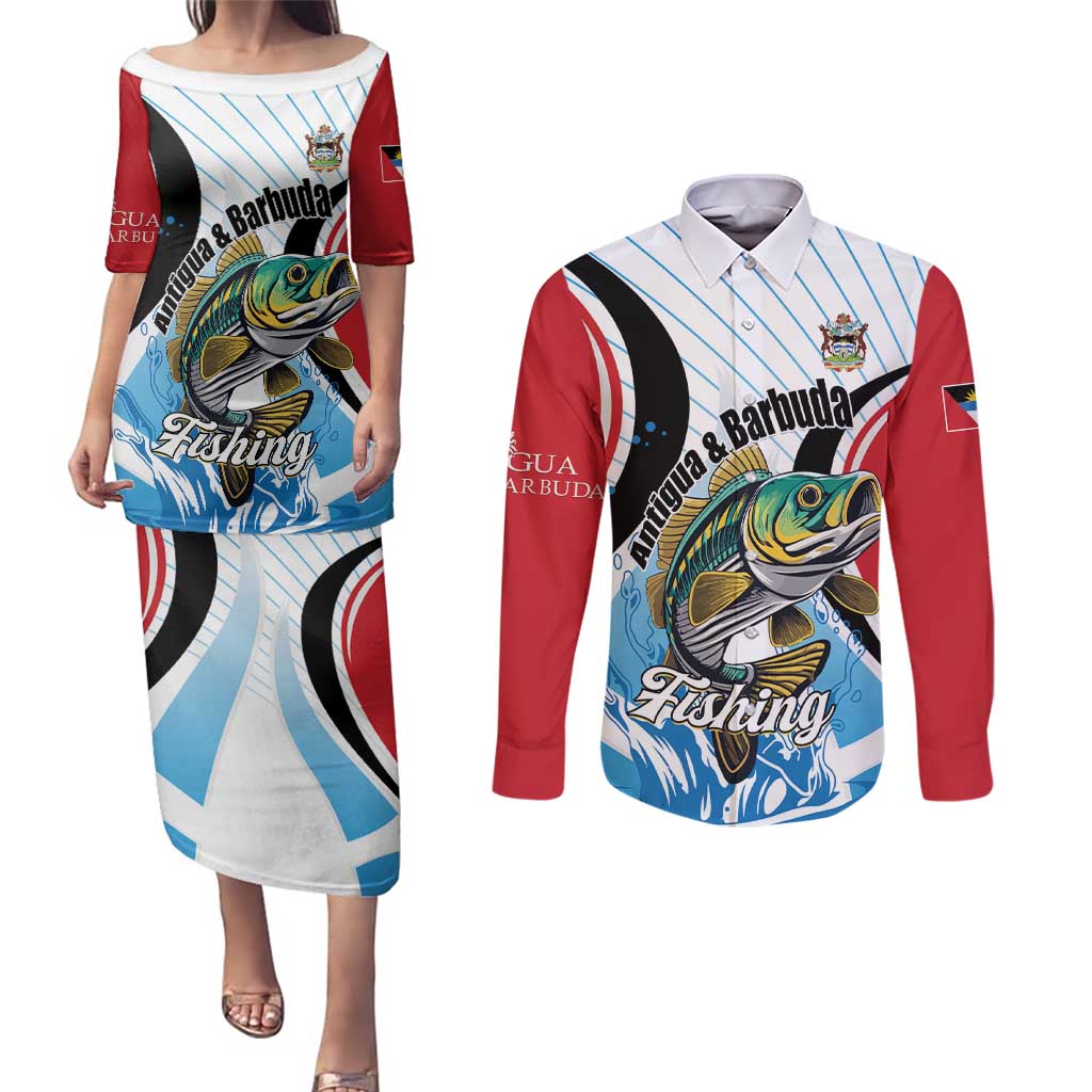 Personalized Antigua and Barbuda Fishing Couples Matching Puletasi and Long Sleeve Button Shirt Sporty Style